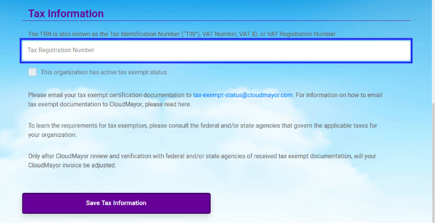 CloudMayor Account Organization Tax Information Field